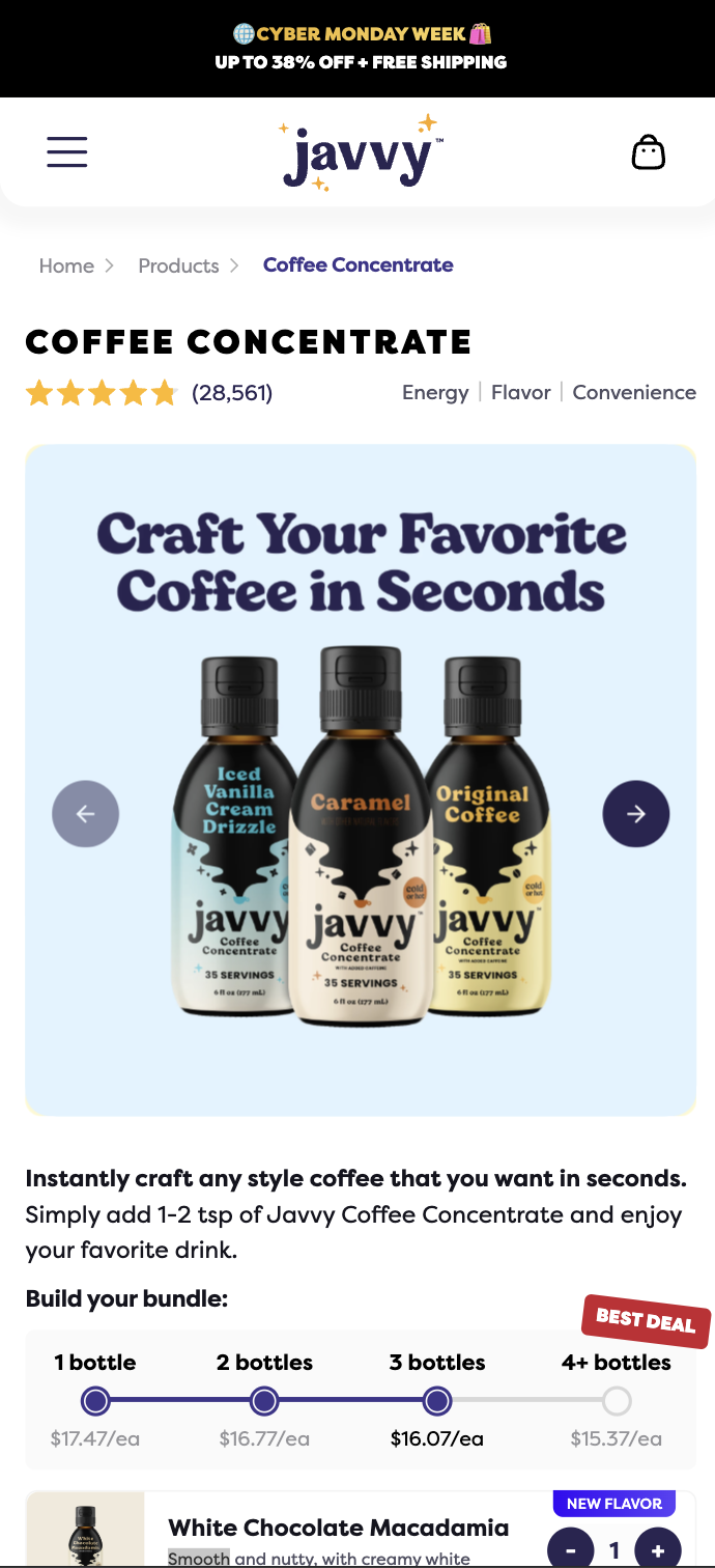 Javvy product page above fold